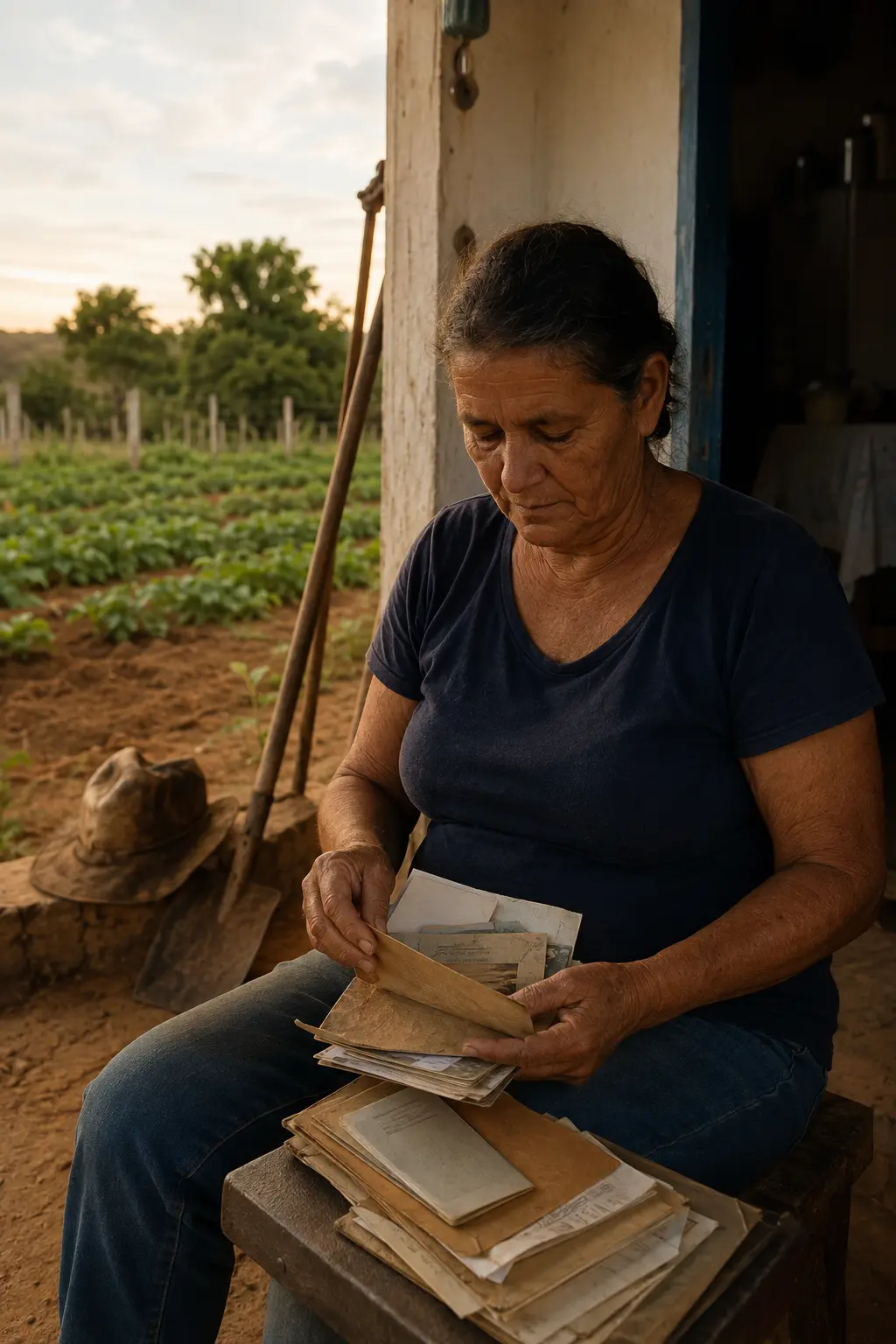 Trabalhadora rural organizando documentos antigos