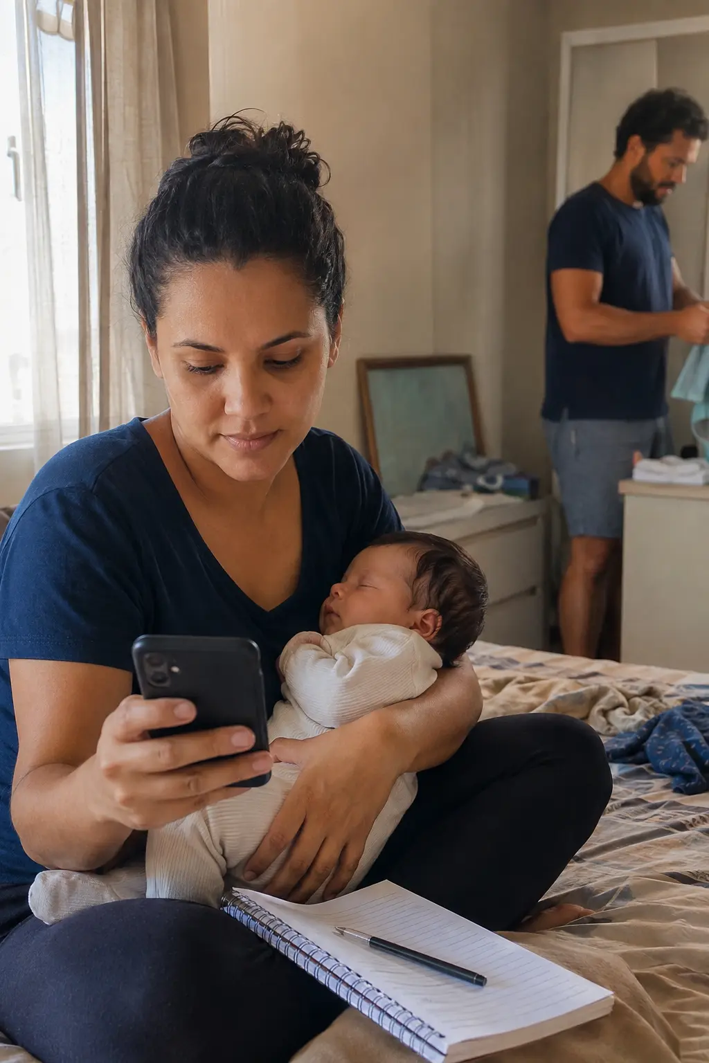 Mãe com bebê recém-nascido em casa
